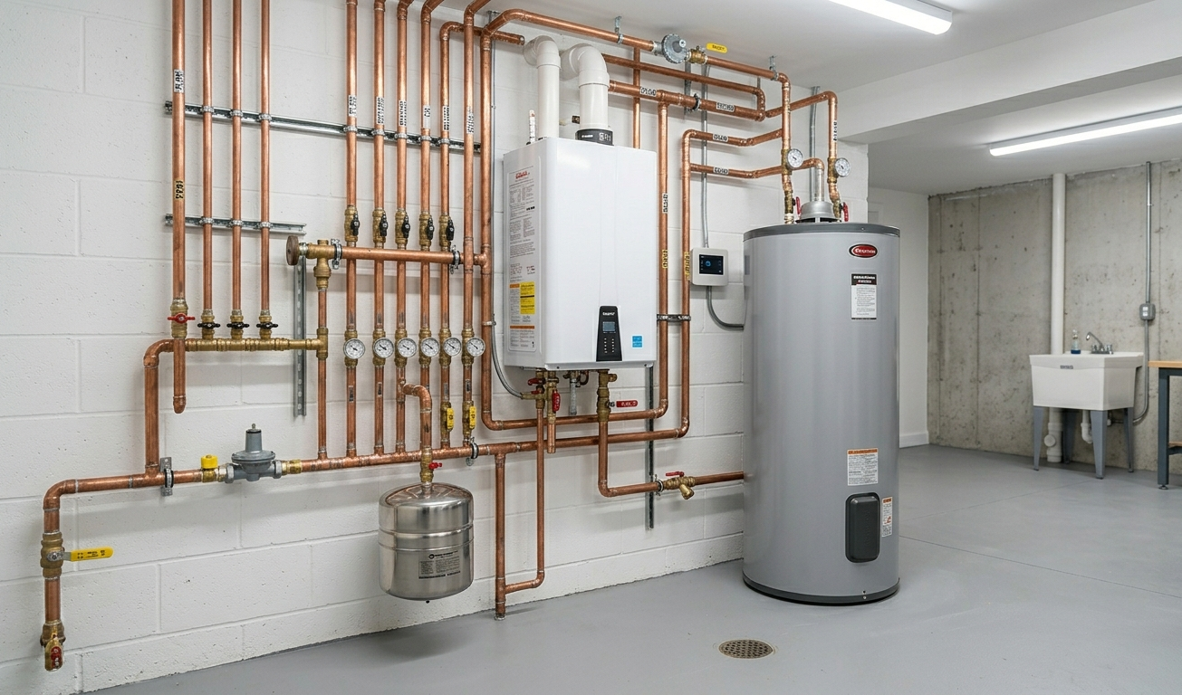 Heating system installation with boiler and water heater
